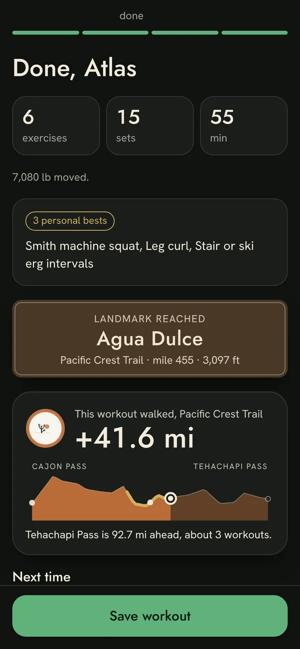 Atlas Ascent workout summary with personal bests and miles walked on the trail