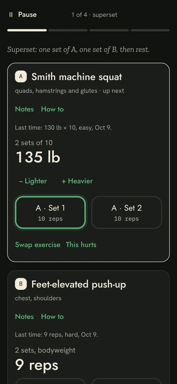Atlas Ascent workout screen showing a superset of squats and push-ups