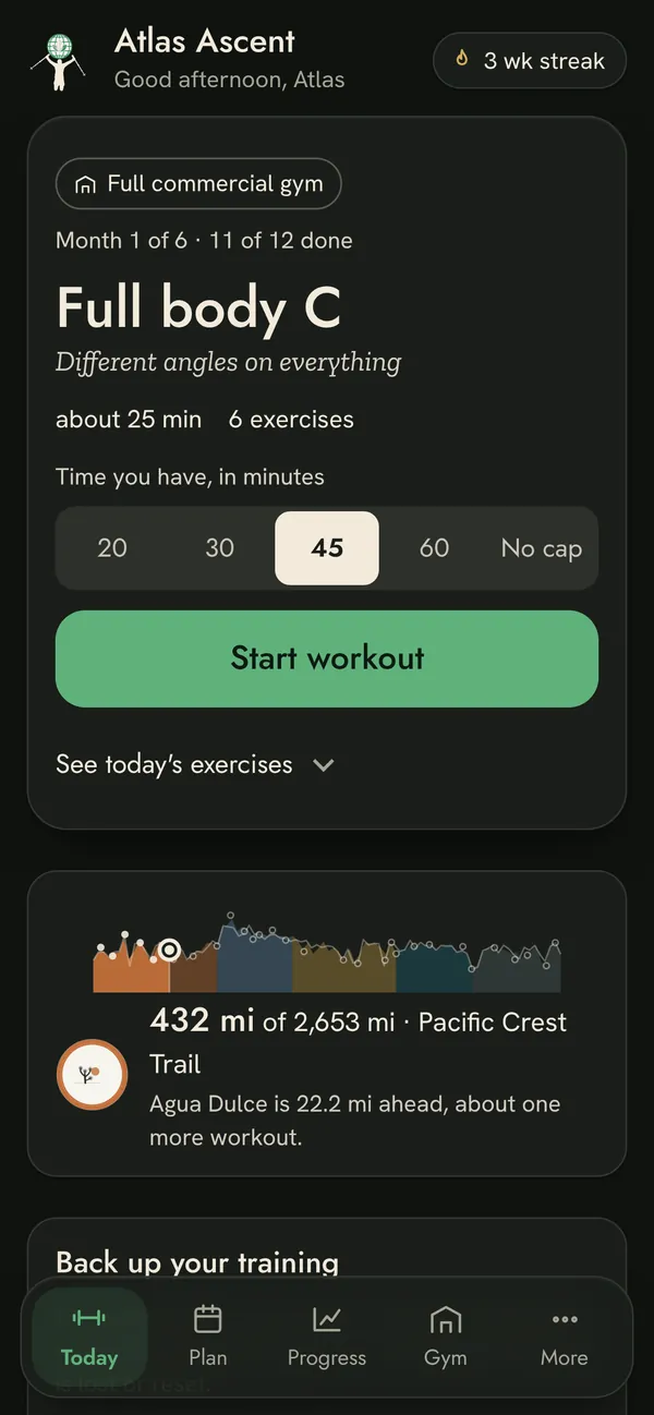 Atlas Ascent Today screen with the next workout and a Pacific Crest Trail progress card