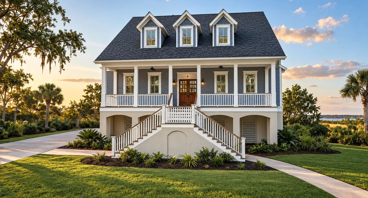 Front render of The Heron, a raised Lowcountry home with a full-width porch, three dormers and twin stairs to the front door