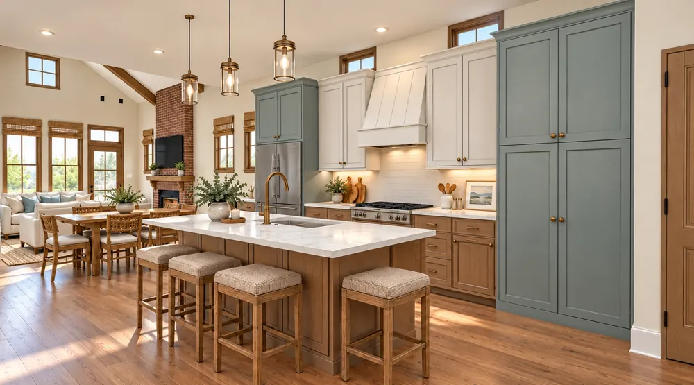 Interior render of the Ellie's Hideaway kitchen with a wood island, sage cabinets and pendant lights