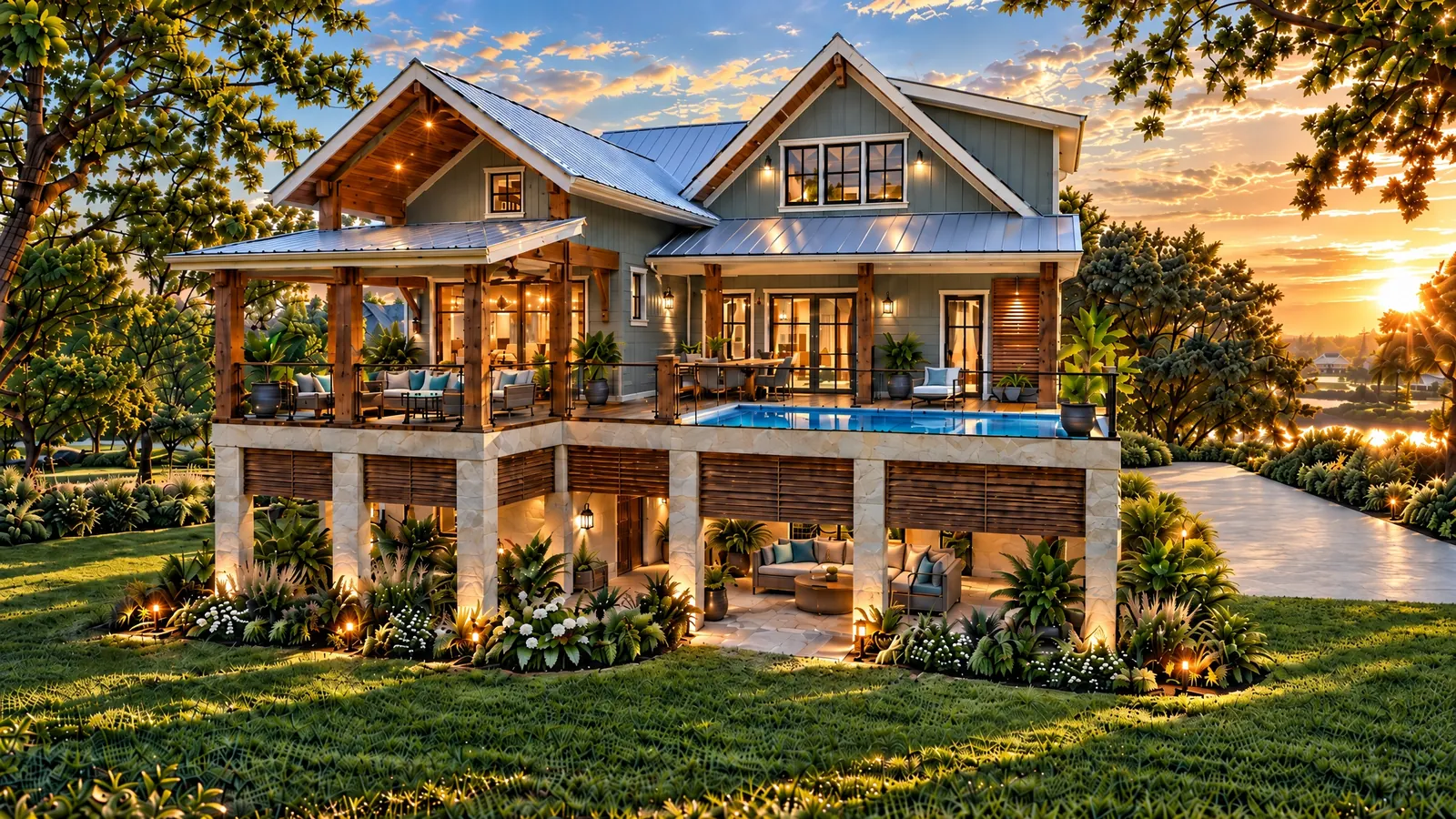 Rear render of Ellie's Hideaway at sunset: a raised coastal home with a covered rear porch, a plunge pool on the deck and a lit patio below