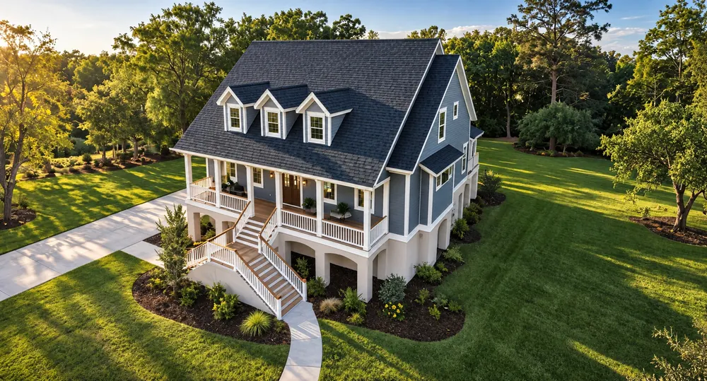 Aerial render of The Heron showing its roof, dormers, front porch and twin entry stairs