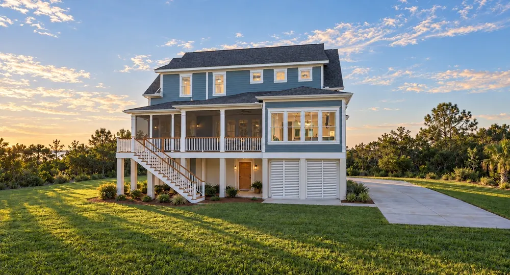 Rear render of The Heron with a screened upper porch, a wide deck and a stair down to the yard