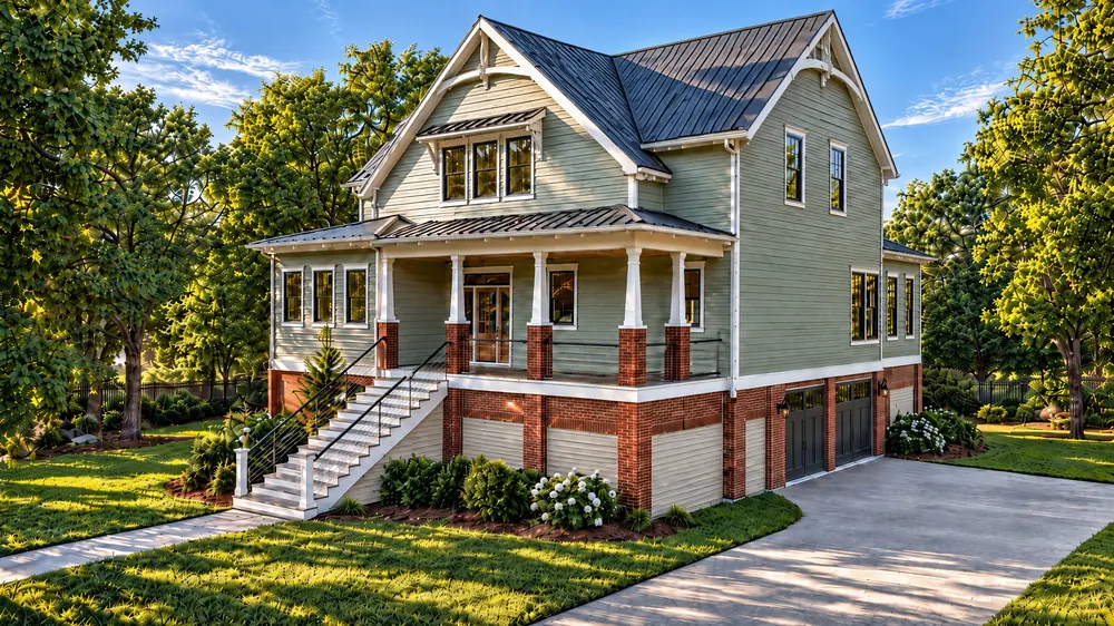 Front three-quarter render of The Lowell, a sage-green raised home on a red brick base with a deep front porch