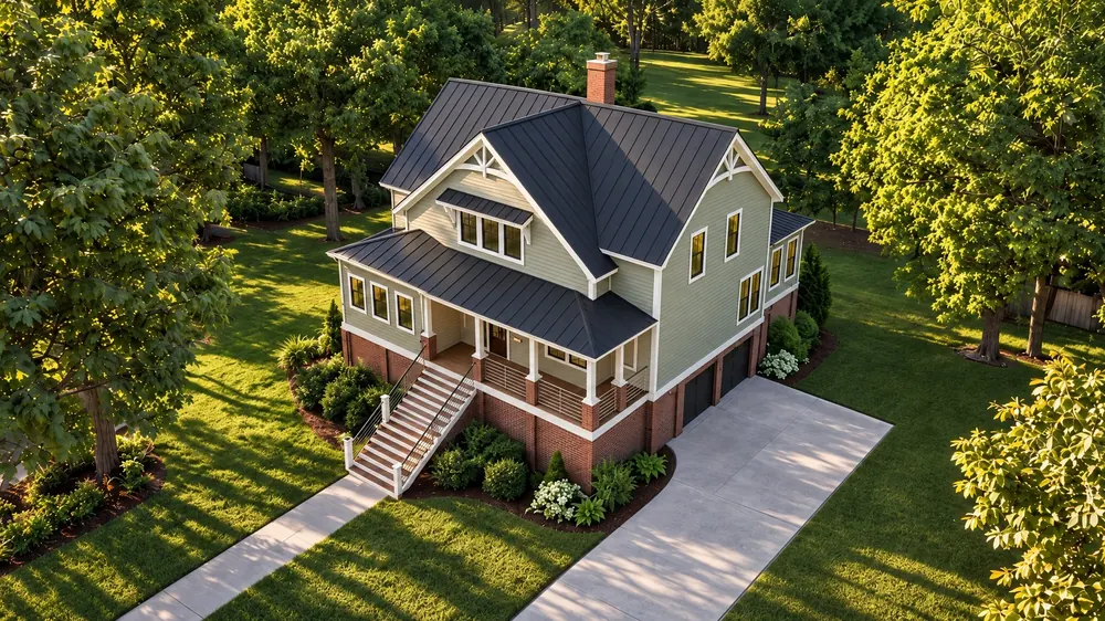 Aerial render of The Lowell showing the metal roof, side garage and driveway among trees